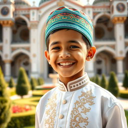 A portrait of a young Muslim boy dressed in a traditional outfit, smiling warmly