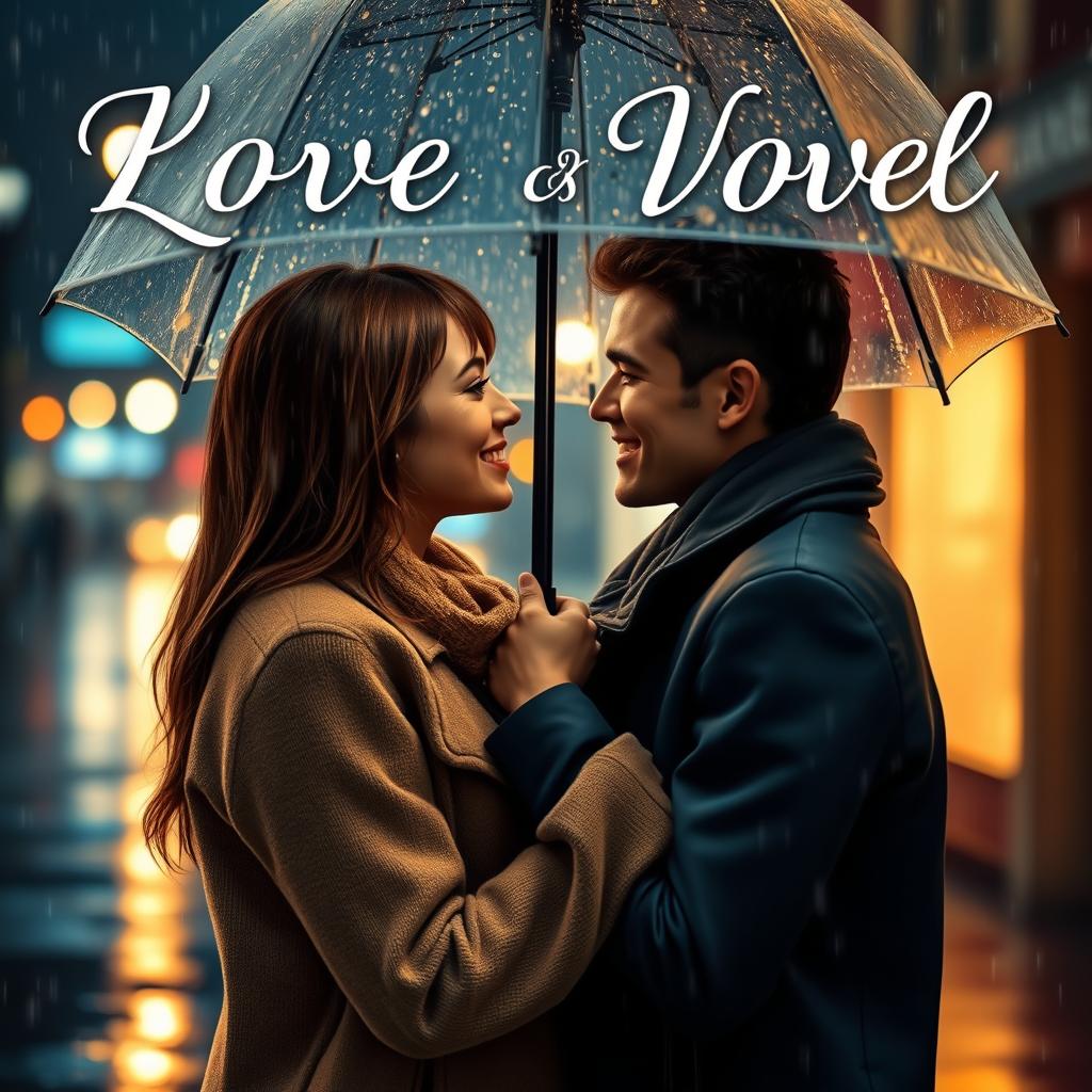 A romantic novel cover featuring two lovers sharing an umbrella in the rain, their faces illuminated by the soft glow of streetlights