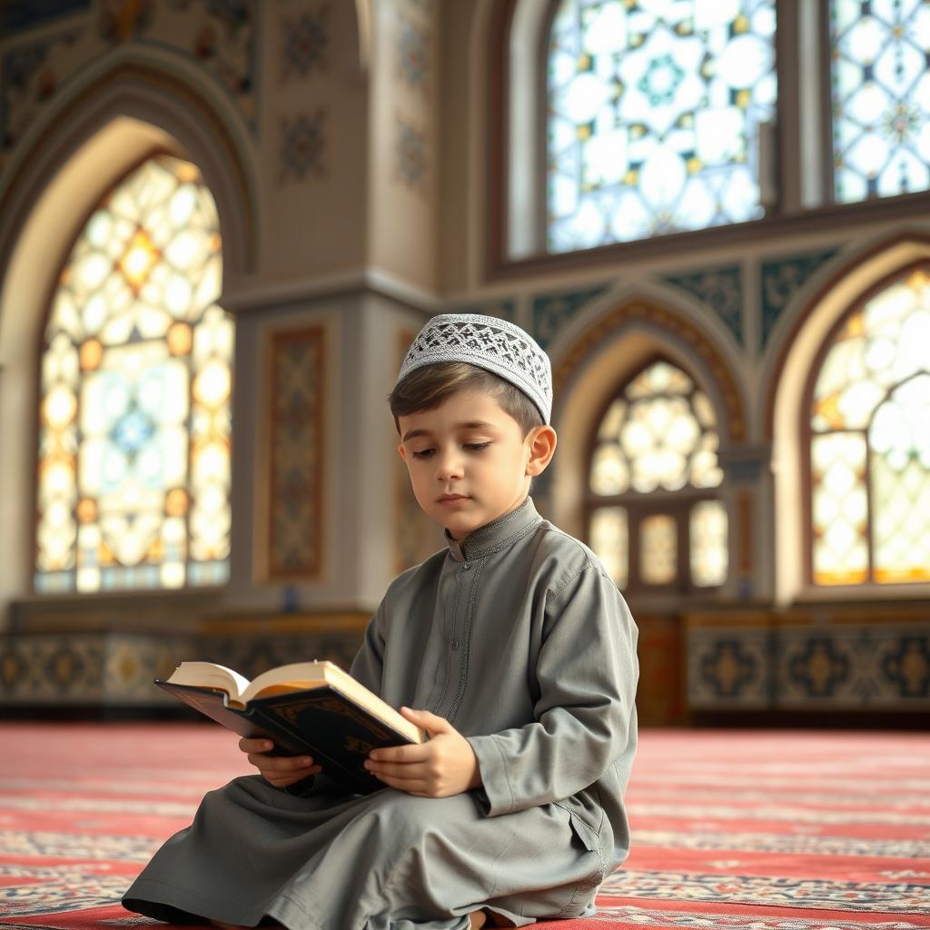 A young boy in traditional Islamic attire, sitting in a serene mosque environment, with beautiful geometric patterns on the walls, softly illuminated by natural light coming through intricate stained glass windows