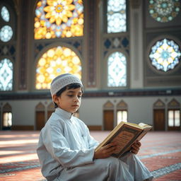 A young boy in traditional Islamic attire, sitting in a serene mosque environment, with beautiful geometric patterns on the walls, softly illuminated by natural light coming through intricate stained glass windows