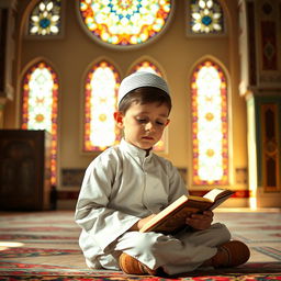 A young boy in traditional Islamic attire, sitting in a serene mosque environment, with beautiful geometric patterns on the walls, softly illuminated by natural light coming through intricate stained glass windows