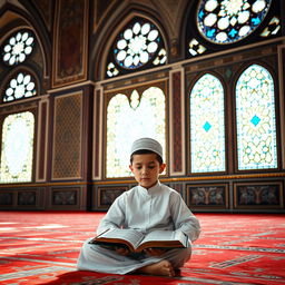 A young boy in traditional Islamic attire, sitting in a serene mosque environment, with beautiful geometric patterns on the walls, softly illuminated by natural light coming through intricate stained glass windows