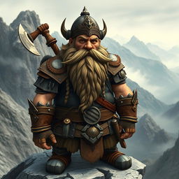 A sturdy mountain dwarf, characterized by a robust build and a long, intricately braided beard adorned with metal clasps