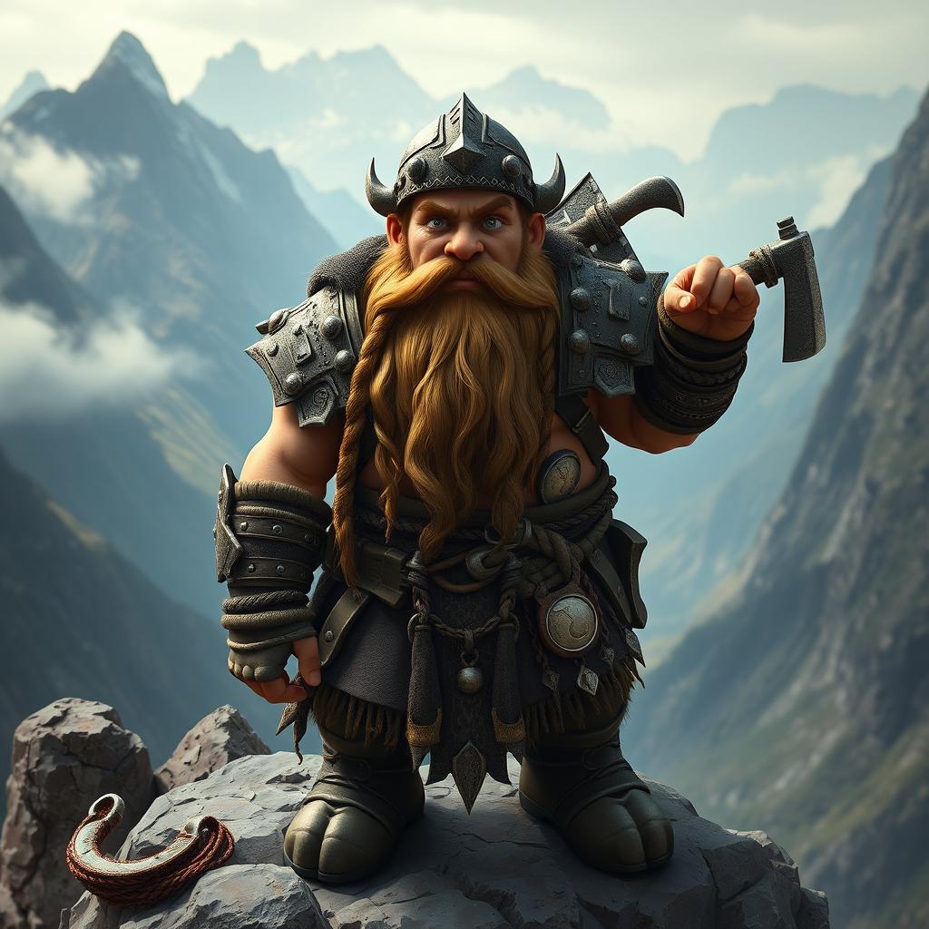 A sturdy mountain dwarf, characterized by a robust build and a long, intricately braided beard adorned with metal clasps