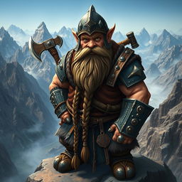 A sturdy mountain dwarf, characterized by a robust build and a long, intricately braided beard adorned with metal clasps