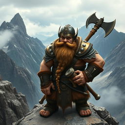 A sturdy mountain dwarf, characterized by a robust build and a long, intricately braided beard adorned with metal clasps