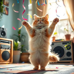 A whimsical scene of a fluffy cat joyfully dancing on its hind legs in a colorful living room