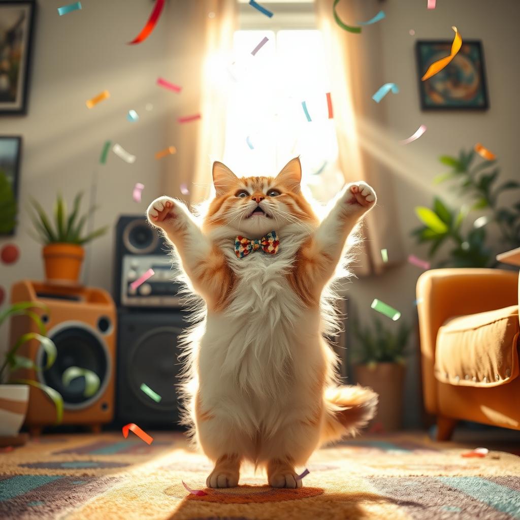 A whimsical scene of a fluffy cat joyfully dancing on its hind legs in a colorful living room