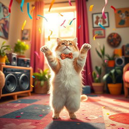 A whimsical scene of a fluffy cat joyfully dancing on its hind legs in a colorful living room