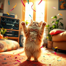 A whimsical scene of a fluffy cat joyfully dancing on its hind legs in a colorful living room