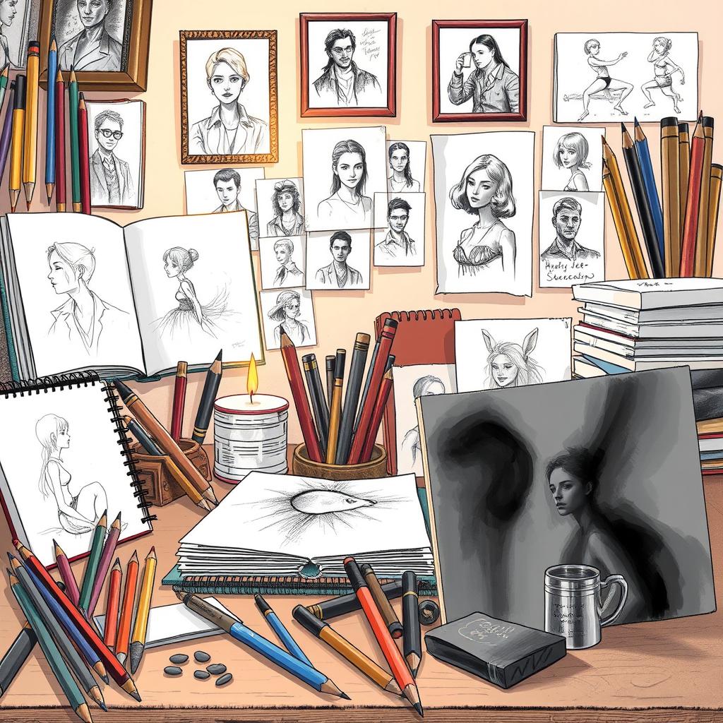 A dynamic illustration showcasing various sketching styles, including pencil sketches, ink drawings, and charcoal artworks
