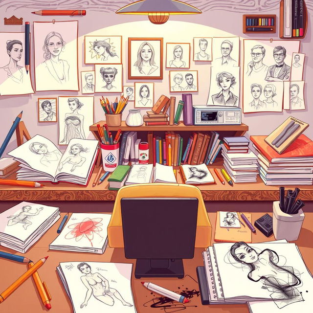 A dynamic illustration showcasing various sketching styles, including pencil sketches, ink drawings, and charcoal artworks