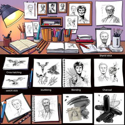 A dynamic illustration showcasing various sketching styles, including pencil sketches, ink drawings, and charcoal artworks
