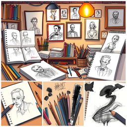 A dynamic illustration showcasing various sketching styles, including pencil sketches, ink drawings, and charcoal artworks