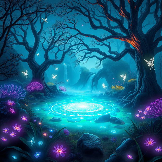 An enchanting landscape featuring a mystical forest bathed in soft, ethereal light