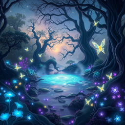 An enchanting landscape featuring a mystical forest bathed in soft, ethereal light