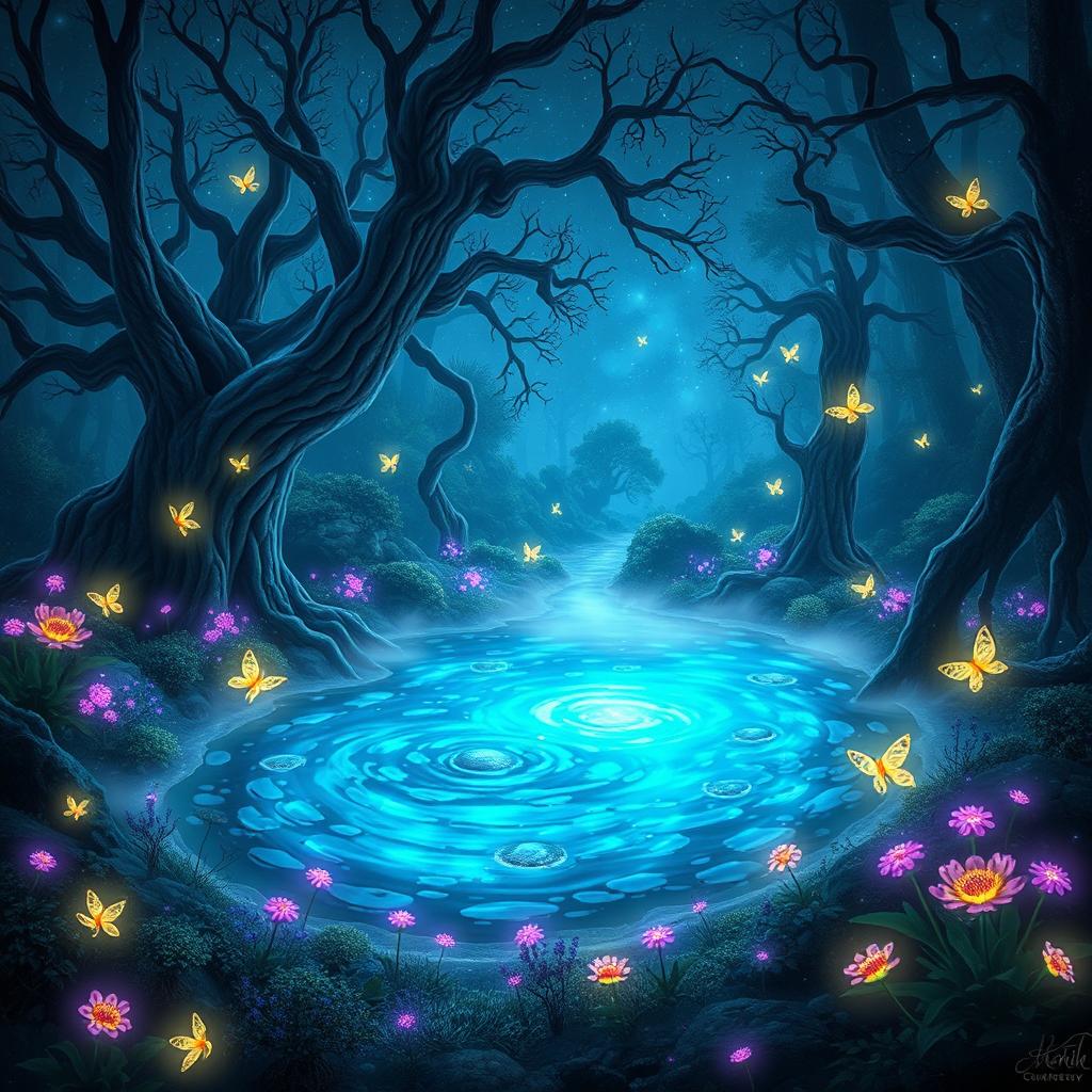 An enchanting landscape featuring a mystical forest bathed in soft, ethereal light