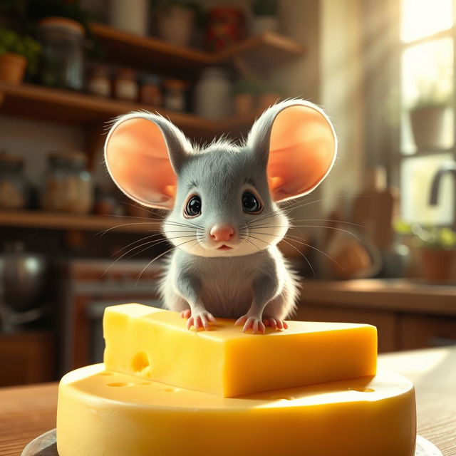 A cute little mouse with big round ears and whiskers, sitting on a piece of cheese in a cozy, sunlit kitchen