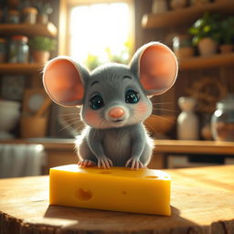 A cute little mouse with big round ears and whiskers, sitting on a piece of cheese in a cozy, sunlit kitchen