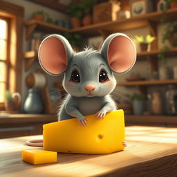 A cute little mouse with big round ears and whiskers, sitting on a piece of cheese in a cozy, sunlit kitchen