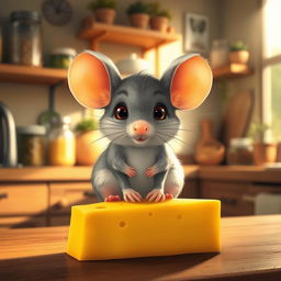 A cute little mouse with big round ears and whiskers, sitting on a piece of cheese in a cozy, sunlit kitchen