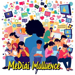 A vibrant and thought-provoking poster illustrating the influence of media on daily life
