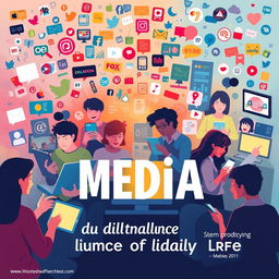 A vibrant and thought-provoking poster illustrating the influence of media on daily life