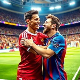 A heartwarming scene of two iconic football players, Cristiano Ronaldo and Lionel Messi, sharing a joyful hug on a vibrant football pitch