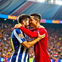 A heartwarming scene of two iconic football players, Cristiano Ronaldo and Lionel Messi, sharing a joyful hug on a vibrant football pitch