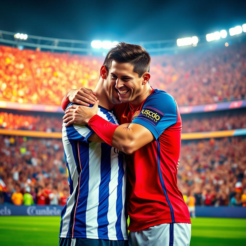 A heartwarming scene of two iconic football players, Cristiano Ronaldo and Lionel Messi, sharing a joyful hug on a vibrant football pitch