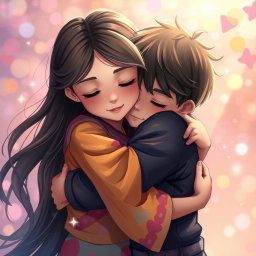 A tender scene featuring a girl with long flowing hair gently hugging a boy