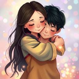 A tender scene featuring a girl with long flowing hair gently hugging a boy