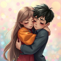 A tender scene featuring a girl with long flowing hair gently hugging a boy