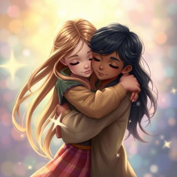 A tender scene featuring a girl with long flowing hair gently hugging a boy