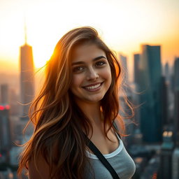 A beautifully edited portrait of a confident young adult standing against a vibrant city skyline at sunset