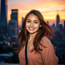 A beautifully edited portrait of a confident young adult standing against a vibrant city skyline at sunset