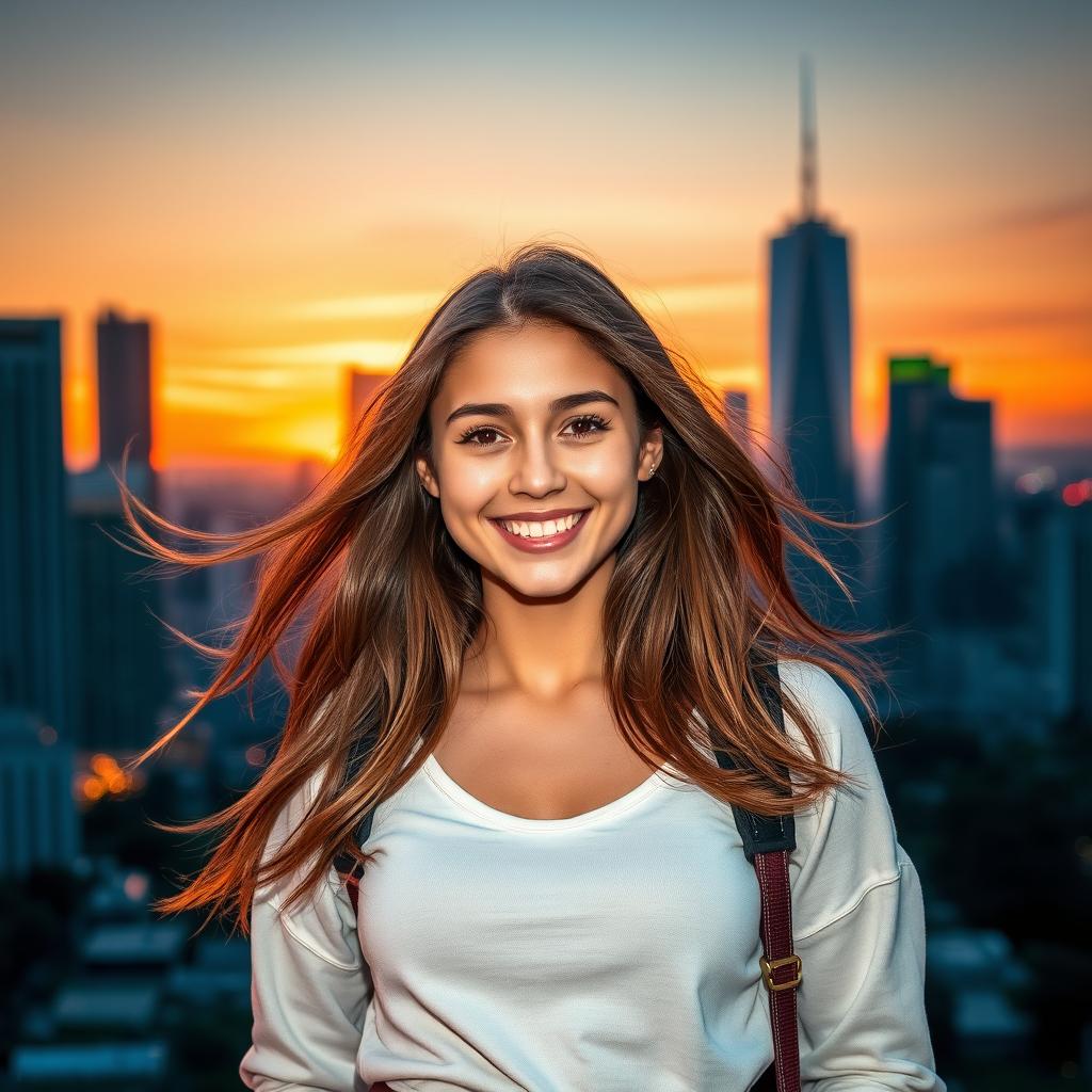 A beautifully edited portrait of a confident young adult standing against a vibrant city skyline at sunset