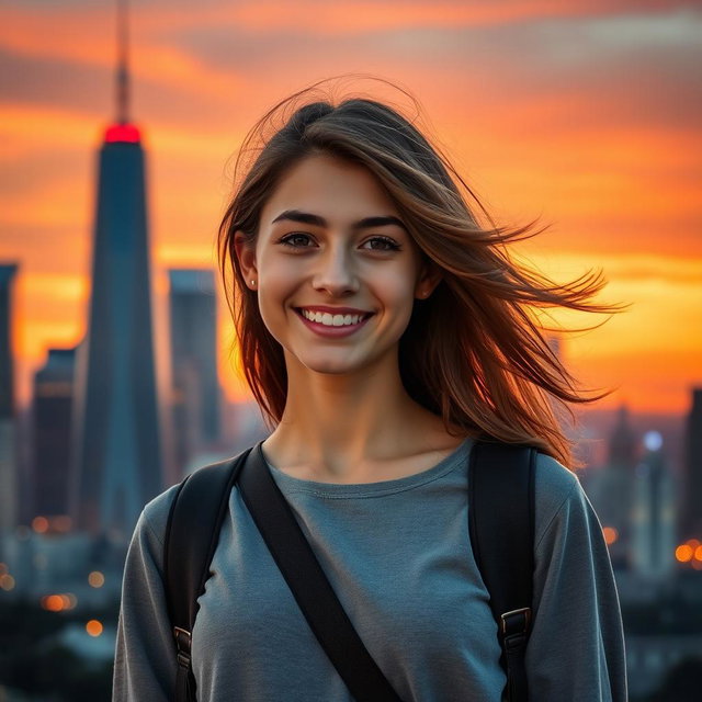 A beautifully edited portrait of a confident young adult standing against a vibrant city skyline at sunset