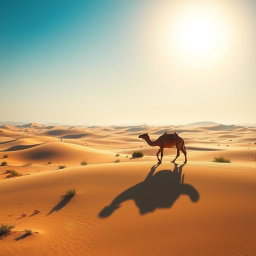 A stunning photo of a scene with the vast desert of Saudi Arabia in the background, showcasing rolling dunes under a bright blue sky