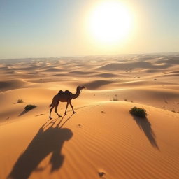 A stunning photo of a scene with the vast desert of Saudi Arabia in the background, showcasing rolling dunes under a bright blue sky
