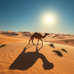A stunning photo of a scene with the vast desert of Saudi Arabia in the background, showcasing rolling dunes under a bright blue sky