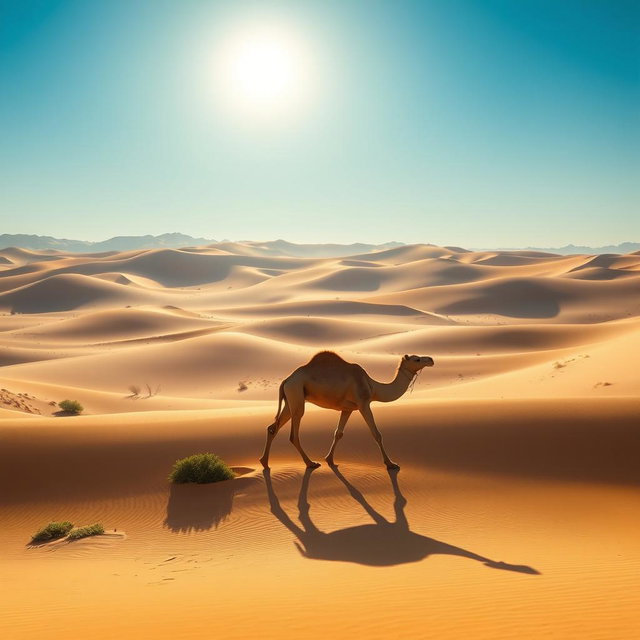 A stunning photo of a scene with the vast desert of Saudi Arabia in the background, showcasing rolling dunes under a bright blue sky