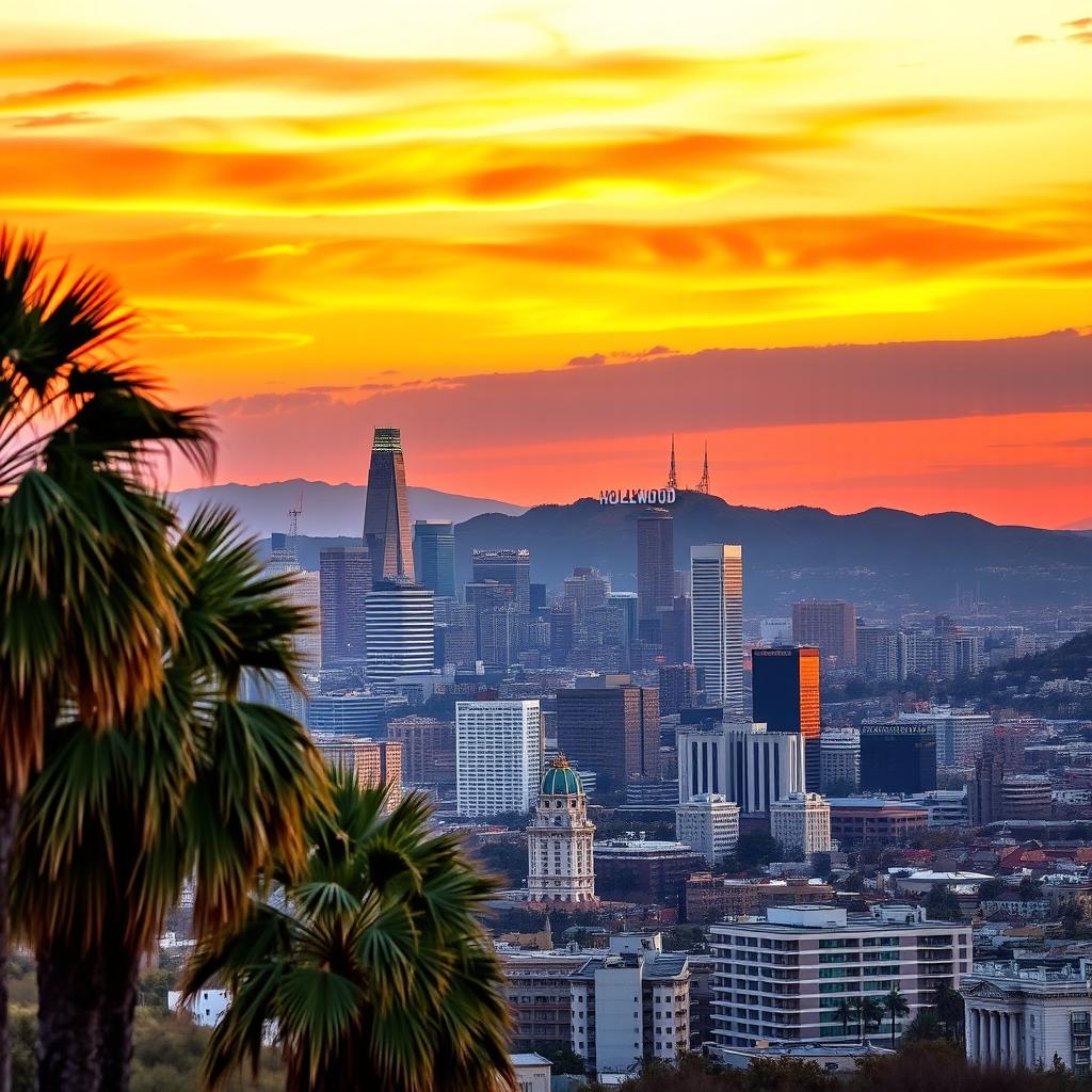 A stunning panoramic view of Los Angeles at sunset, showcasing the iconic skyline with a vibrant orange and purple sky
