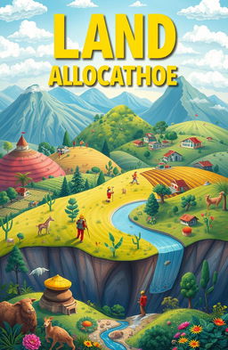 A visually appealing illustration representing the theme of land allocation or land use, featuring vibrant landscapes with a variety of terrains such as rolling hills, agricultural fields, and urban areas