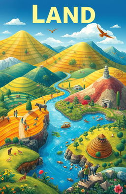 A visually appealing illustration representing the theme of land allocation or land use, featuring vibrant landscapes with a variety of terrains such as rolling hills, agricultural fields, and urban areas