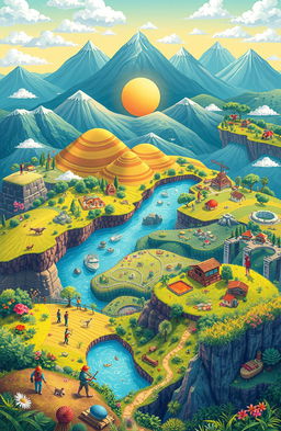 A visually appealing illustration representing the theme of land allocation or land use, featuring vibrant landscapes with a variety of terrains such as rolling hills, agricultural fields, and urban areas