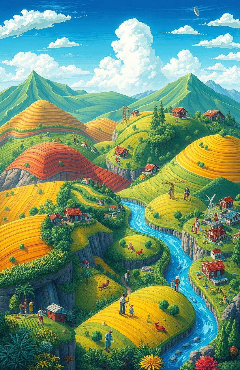 A visually appealing illustration representing the theme of land allocation or land use, featuring vibrant landscapes with a variety of terrains such as rolling hills, agricultural fields, and urban areas