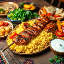 A vibrant and mouthwatering spread of traditional Iranian food, featuring a beautifully grilled kebab served on a bed of saffron rice with garnishes of grilled tomatoes and bell peppers