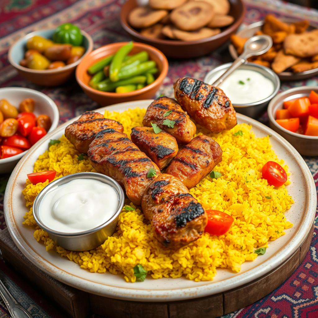 A vibrant and mouthwatering spread of traditional Iranian food, featuring a beautifully grilled kebab served on a bed of saffron rice with garnishes of grilled tomatoes and bell peppers