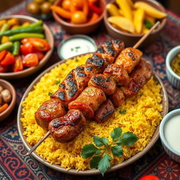 A vibrant and mouthwatering spread of traditional Iranian food, featuring a beautifully grilled kebab served on a bed of saffron rice with garnishes of grilled tomatoes and bell peppers
